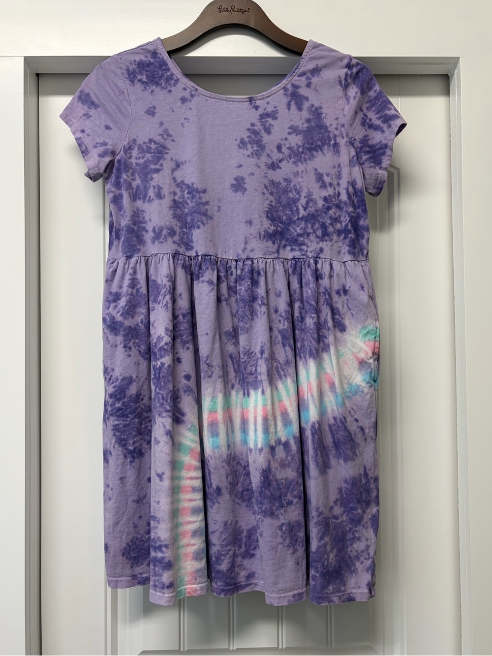 Lands' End Girls'  Gathered Waist Jersey Dress Purple Tie Dye Rainbow Size XL
